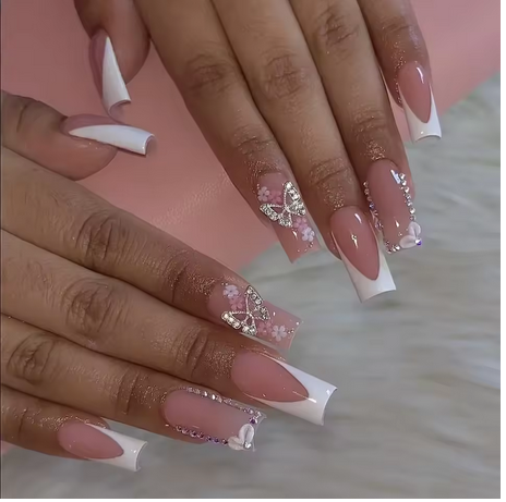 24Pcs French Tip Fake Nails | Elegant Long Square Acrylic Nails with Gold Butterfly & Diamond Design