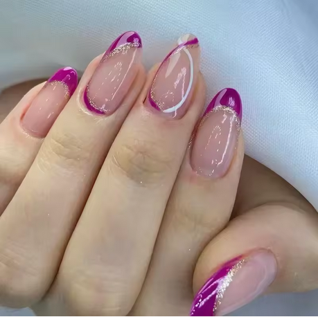 24Pcs French False Nails With Purple Edge Almond Bow Flower Design Detachable Acrylic Fake Nails Long Stiletto Press On Nails