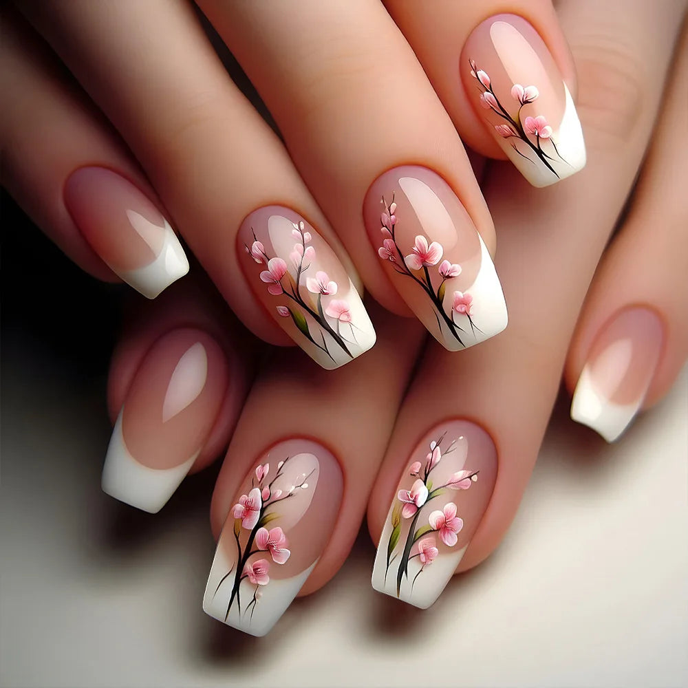 24pcs Brown Floral Press-On Nails – Mid-Length Ballet Shape, Full Cover Fashion Manicure
