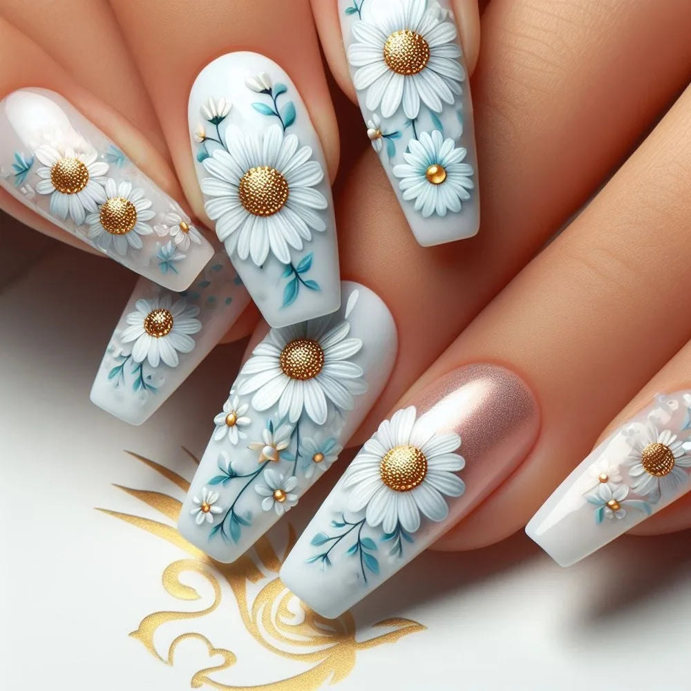 24pcs Brown Floral Press-On Nails – Mid-Length Ballet Shape, Full Cover Fashion Manicure