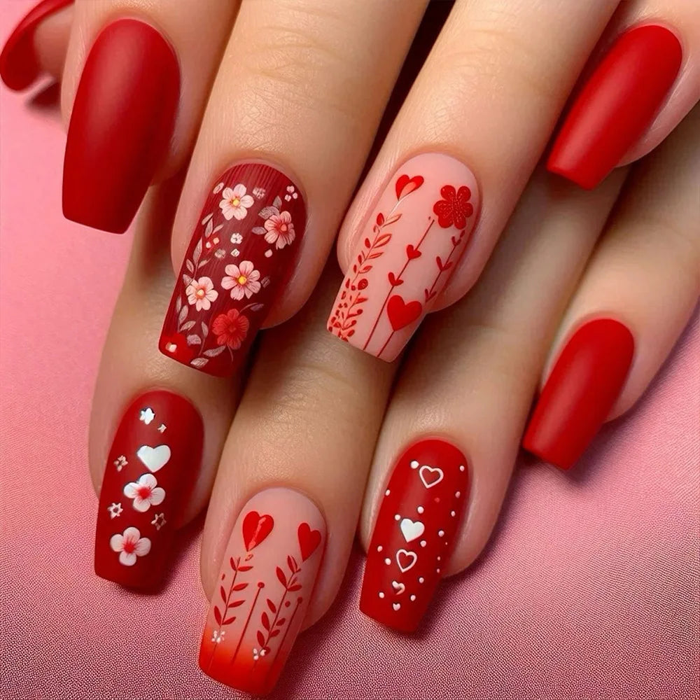 24pcs Brown Floral Press-On Nails – Mid-Length Ballet Shape, Full Cover Fashion Manicure