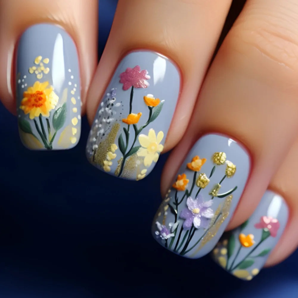 24pcs Brown Floral Press-On Nails – Mid-Length Ballet Shape, Full Cover Fashion Manicure