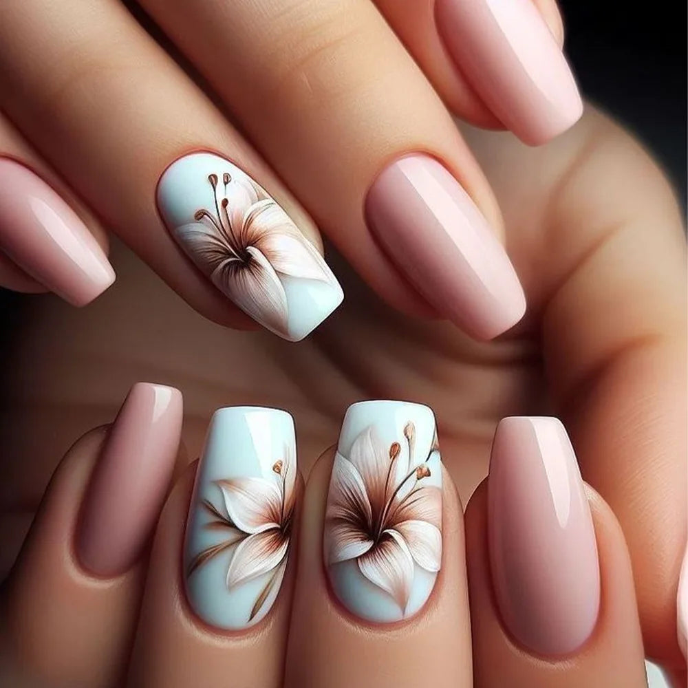 24pcs Brown Floral Press-On Nails – Mid-Length Ballet Shape, Full Cover Fashion Manicure