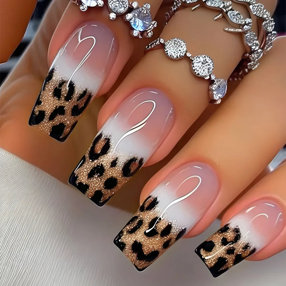 24pcs Brown Floral Press-On Nails – Mid-Length Ballet Shape, Full Cover Fashion Manicure