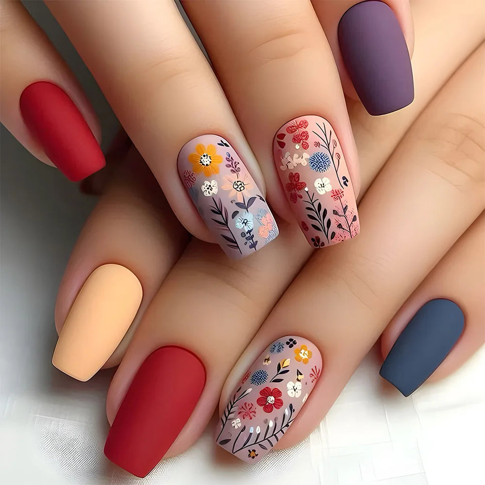 24pcs Brown Floral Press-On Nails – Mid-Length Ballet Shape, Full Cover Fashion Manicure