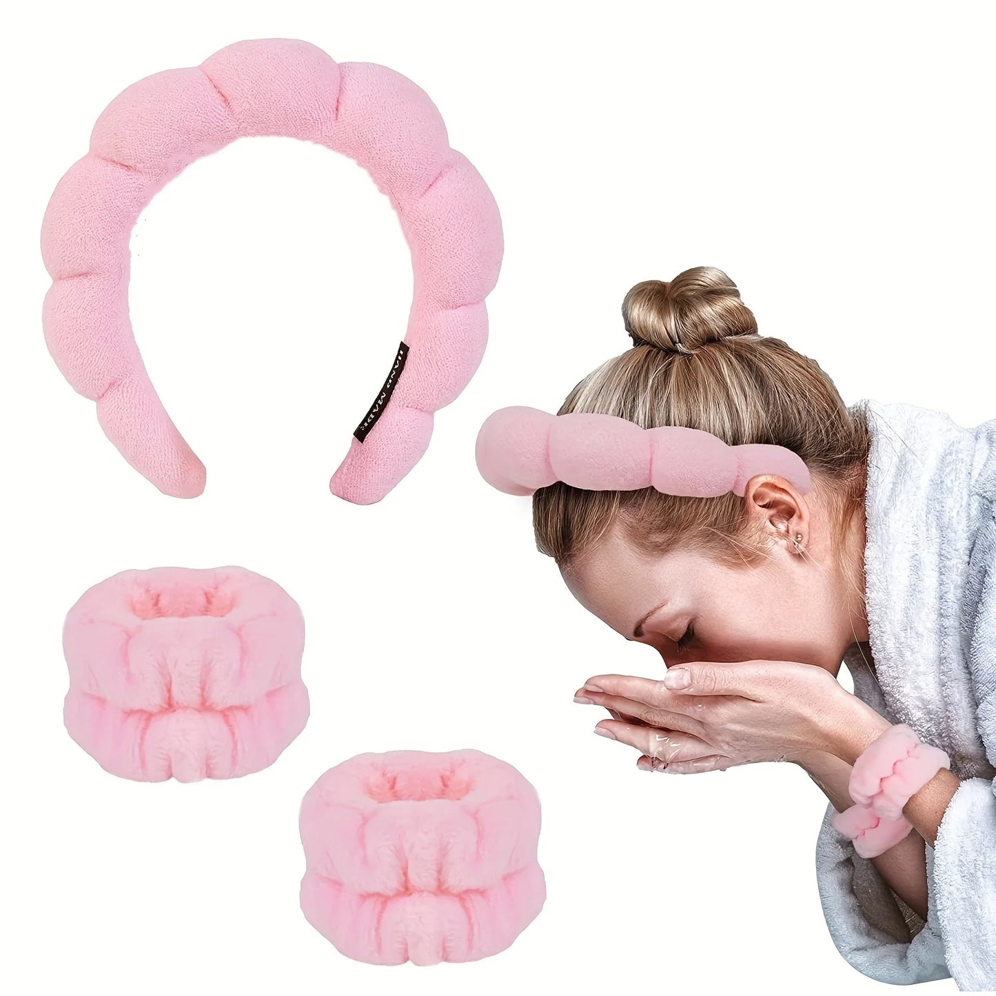 3PCS Floral Headband & Moisture-Proof Wristband Set – Spa, Face Wash & Makeup Tool for Women