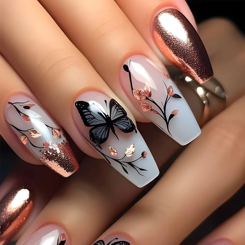 24pcs Brown Floral Press-On Nails – Mid-Length Ballet Shape, Full Cover Fashion Manicure