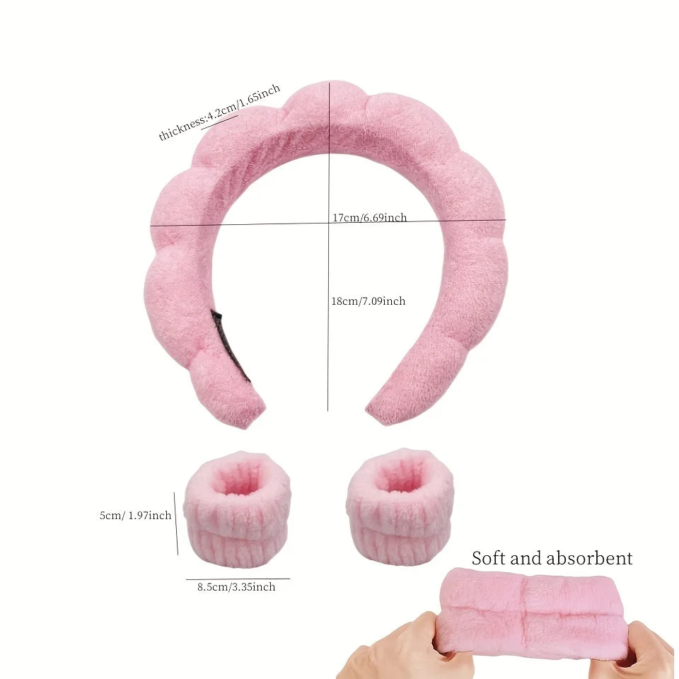 3PCS Floral Headband & Moisture-Proof Wristband Set – Spa, Face Wash & Makeup Tool for Women
