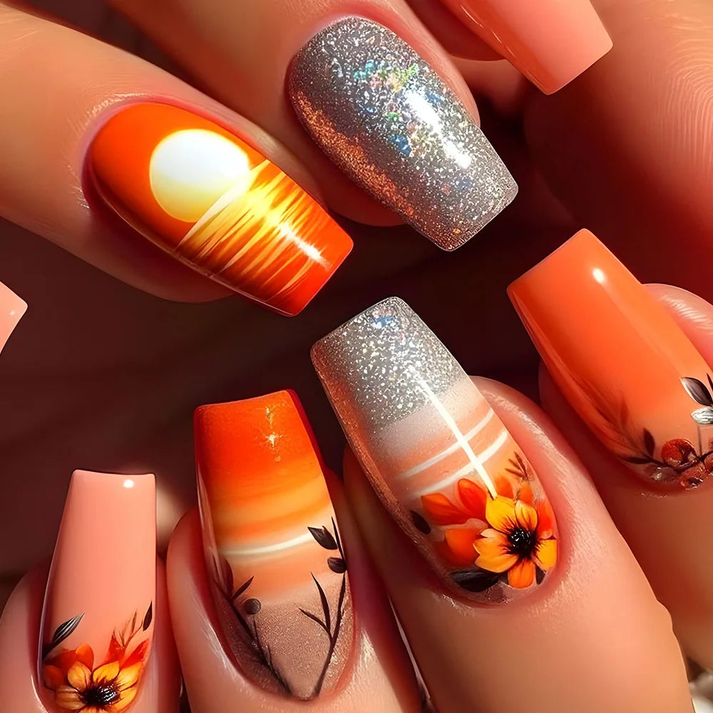 24pcs Brown Floral Press-On Nails – Mid-Length Ballet Shape, Full Cover Fashion Manicure