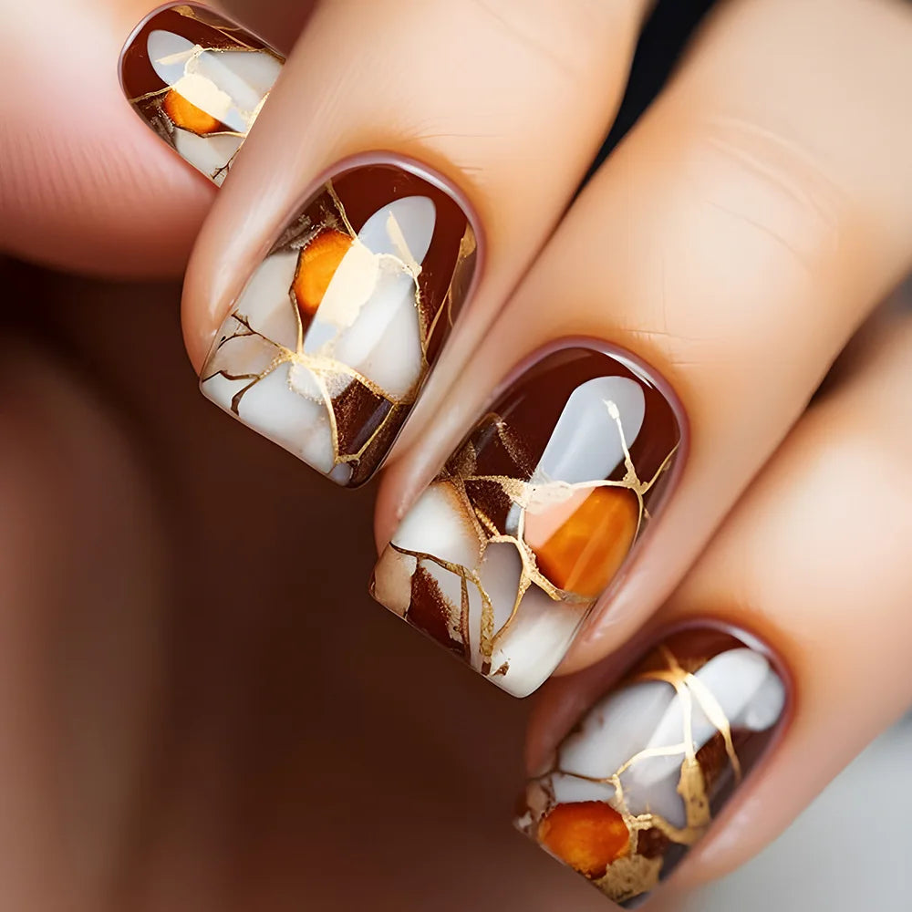 24pcs Brown Floral Press-On Nails – Mid-Length Ballet Shape, Full Cover Fashion Manicure