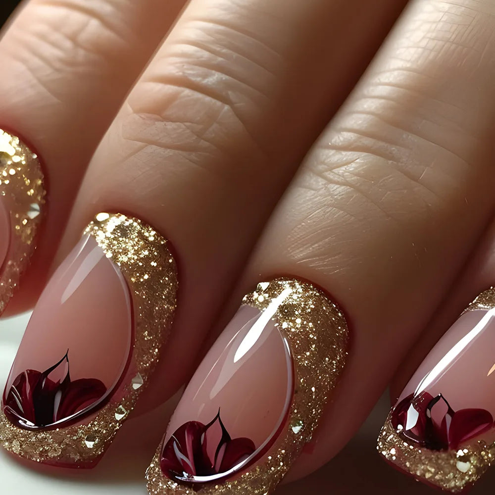 24pcs Brown Floral Press-On Nails – Mid-Length Ballet Shape, Full Cover Fashion Manicure
