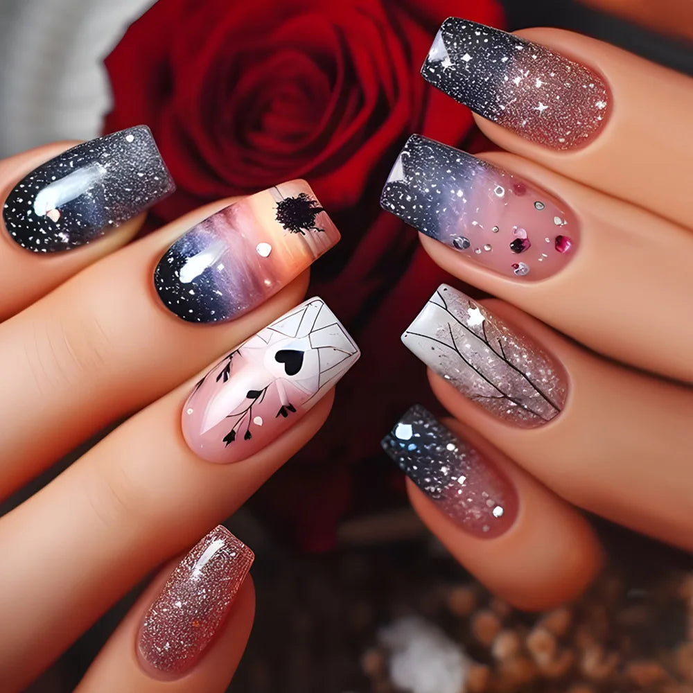24pcs Brown Floral Press-On Nails – Mid-Length Ballet Shape, Full Cover Fashion Manicure