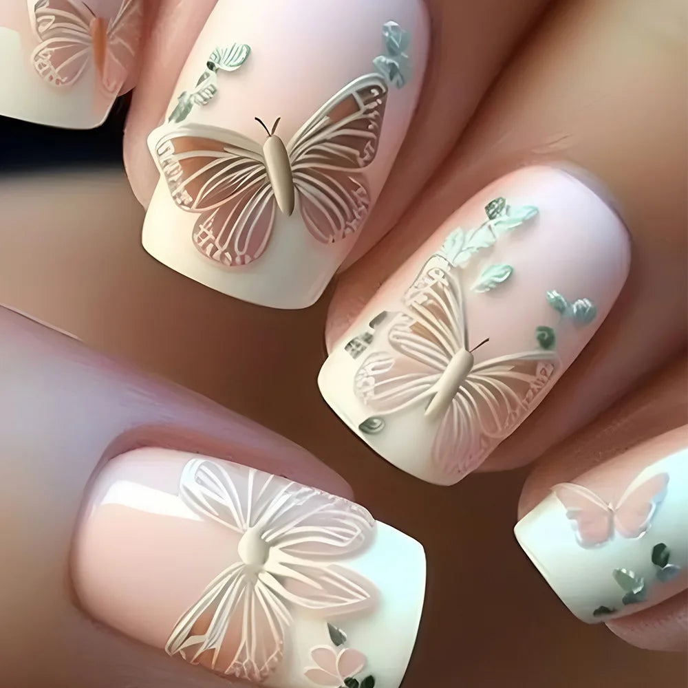 24pcs Brown Floral Press-On Nails – Mid-Length Ballet Shape, Full Cover Fashion Manicure