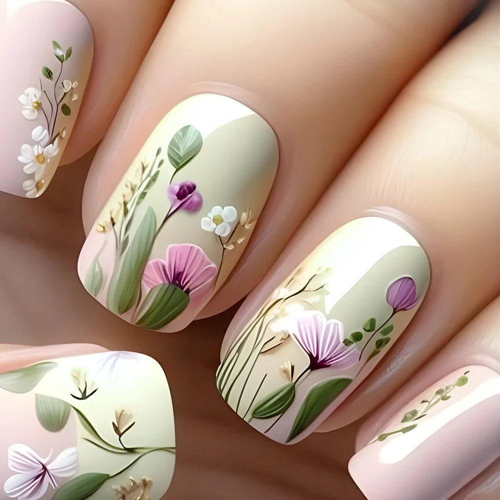 24pcs Brown Floral Press-On Nails – Mid-Length Ballet Shape, Full Cover Fashion Manicure