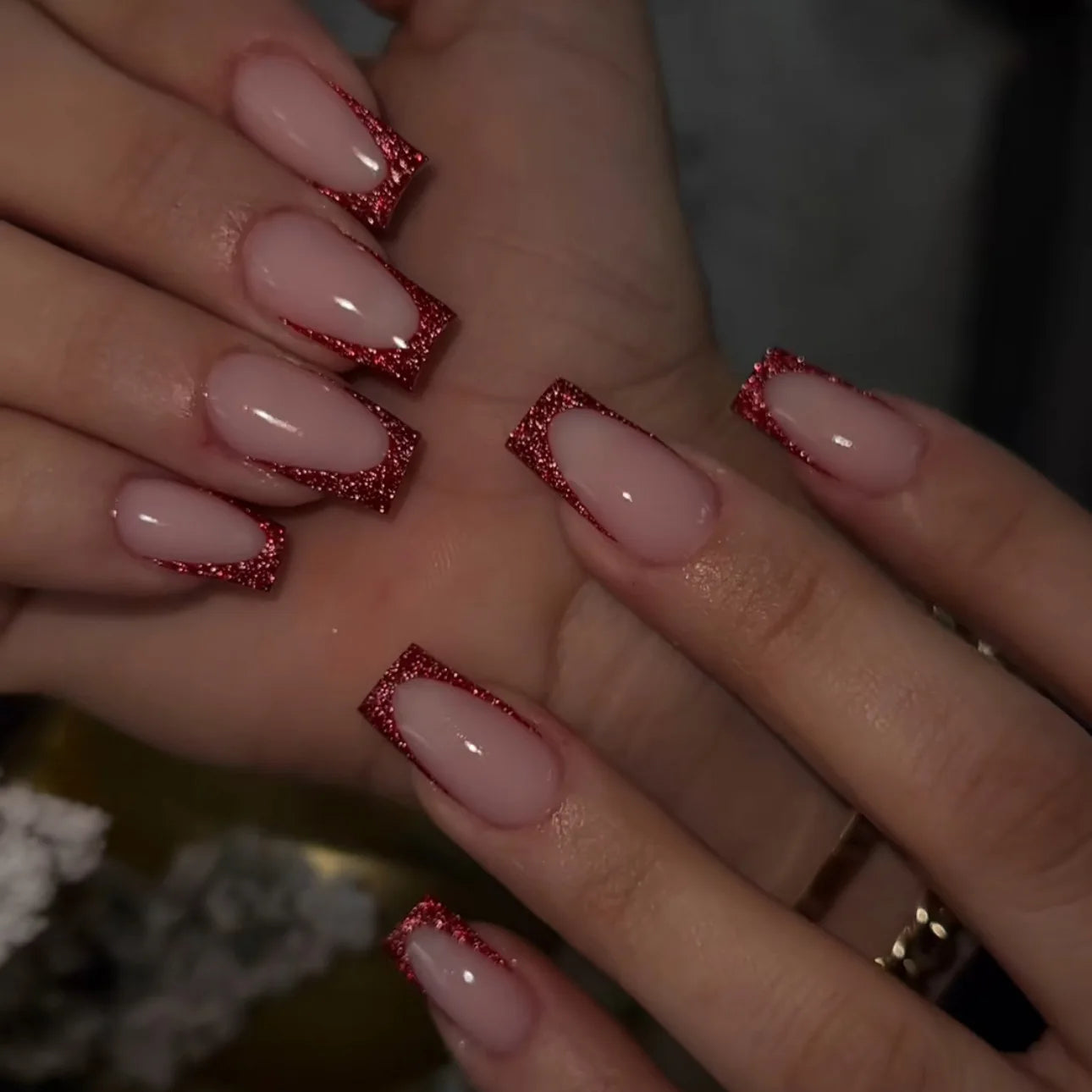 24Pcs Burgundy French Fake Nails – Short Square Press-Ons with Glue