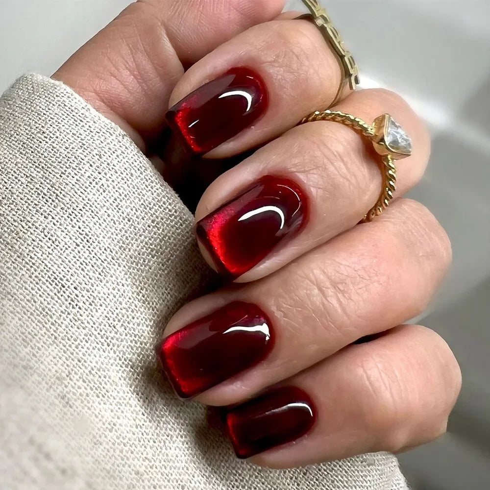 24Pcs Burgundy French Fake Nails – Short Square Press-Ons with Glue
