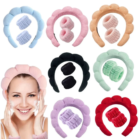 3PCS Floral Headband & Moisture-Proof Wristband Set – Spa, Face Wash & Makeup Tool for Women