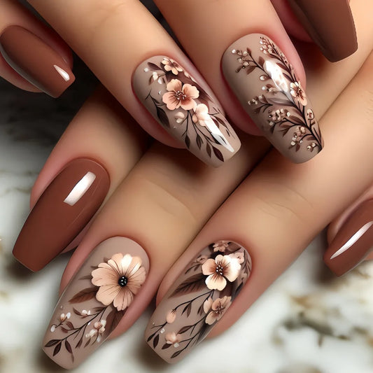 24pcs Brown Floral Press-On Nails – Mid-Length Ballet Shape, Full Cover Fashion Manicure