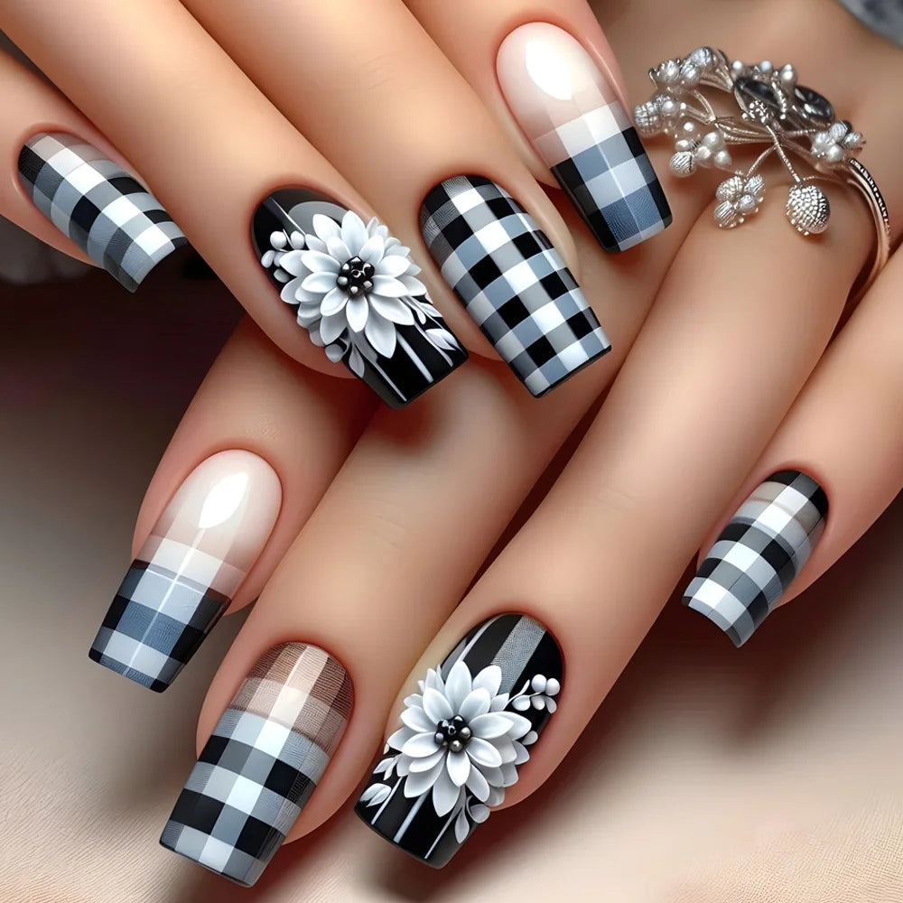 24pcs Brown Floral Press-On Nails – Mid-Length Ballet Shape, Full Cover Fashion Manicure