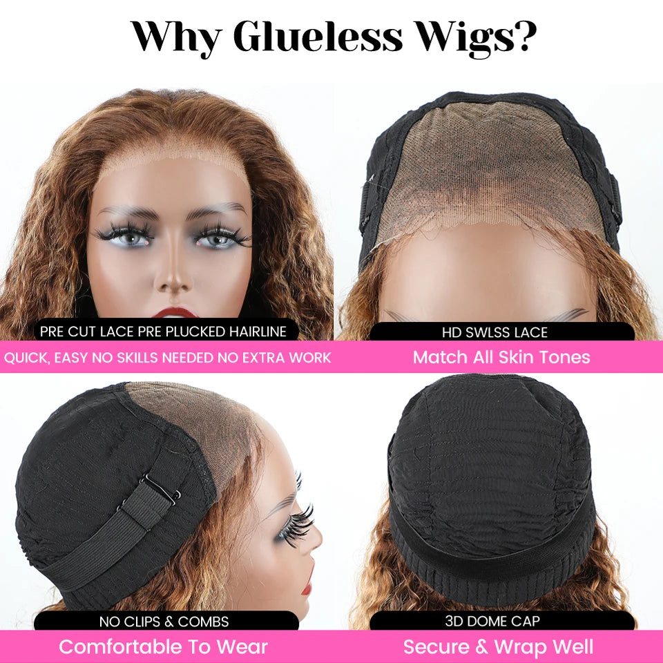 Wear And Go Glueless Wig Ombre  Highlight Mongolian Deep Wave 6x4 Hd Lace Glueless Pre Plucked Human Wigs Ready To Go