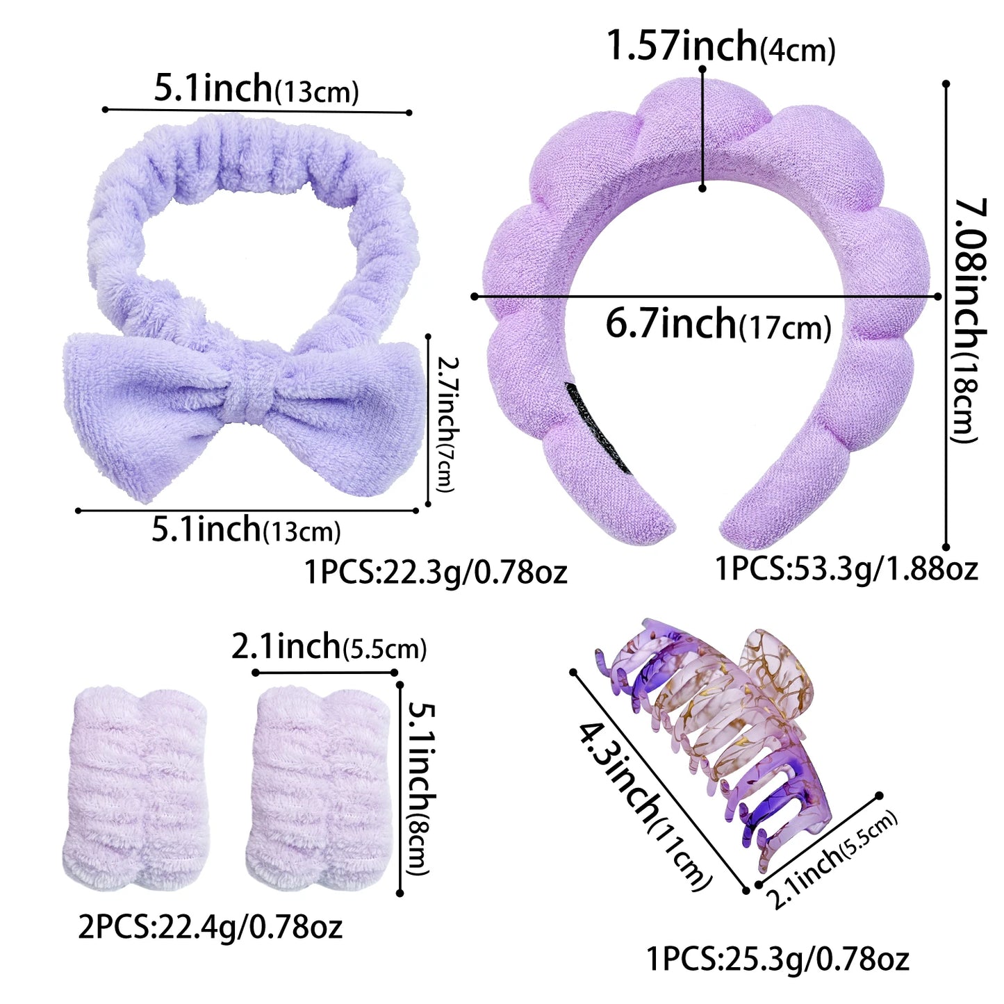 5PCS Spa Headband for Washing Face Wristband Set Sponge Makeup Headband Wrist Towels Bubble Hairband Hair Claw Clips Headwear