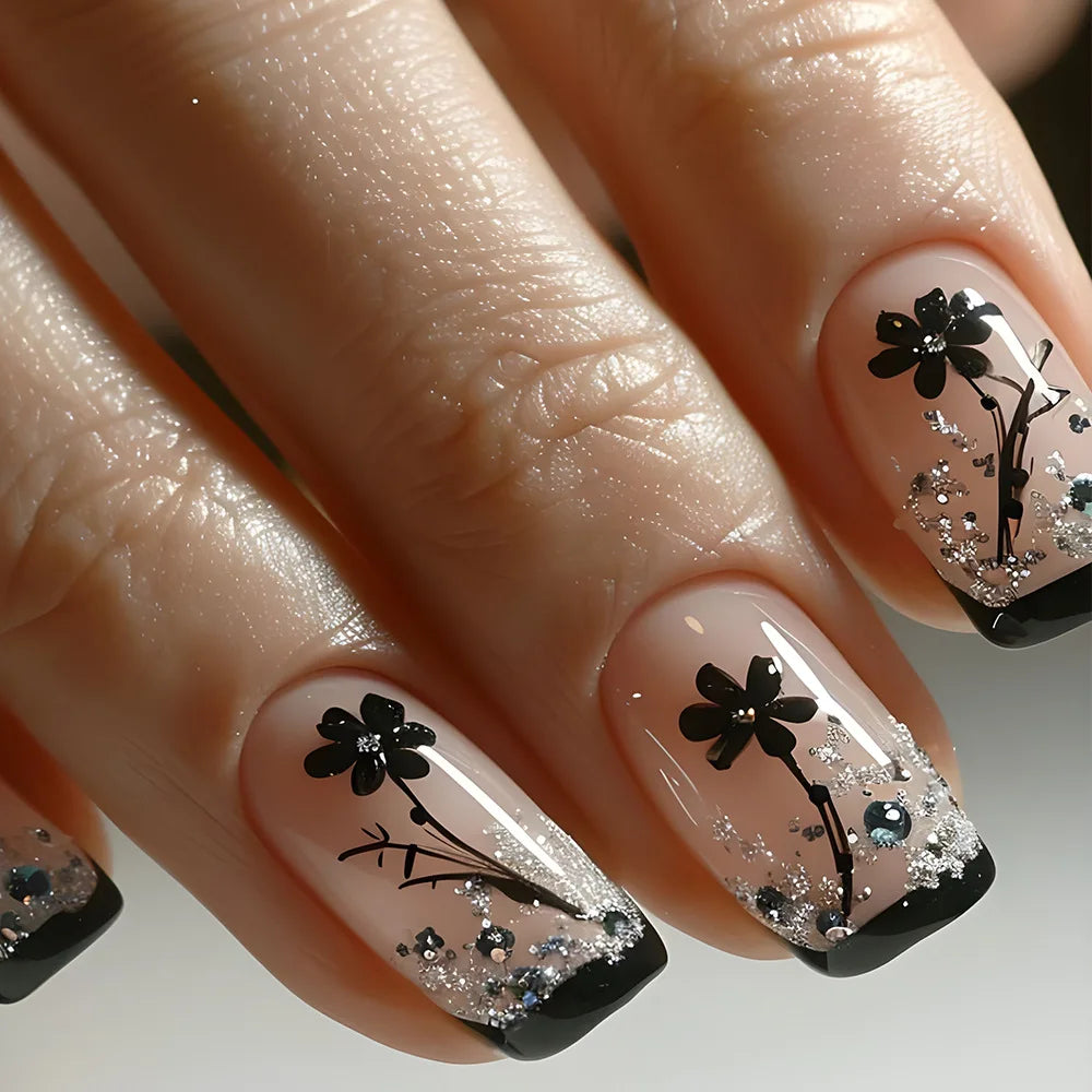 24pcs Brown Floral Press-On Nails – Mid-Length Ballet Shape, Full Cover Fashion Manicure