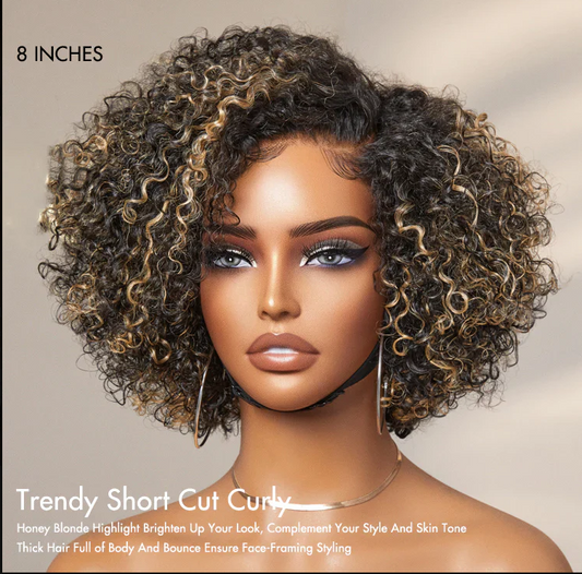 8 inch Short Curly Glueless Wig – HD Lace, Trendy Side Part
