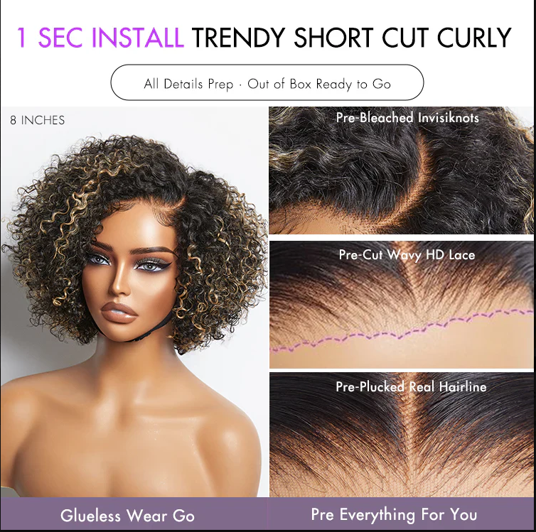 8 inch Short Curly Glueless Wig – HD Lace, Trendy Side Part